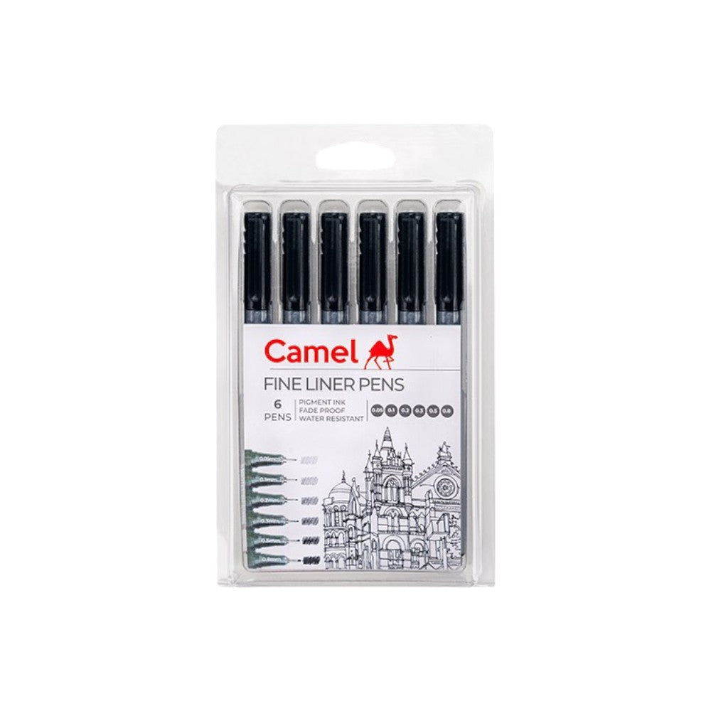 Camel Fineliner Pens - Set of 6 + Free A6 Postcards - Archival Ink